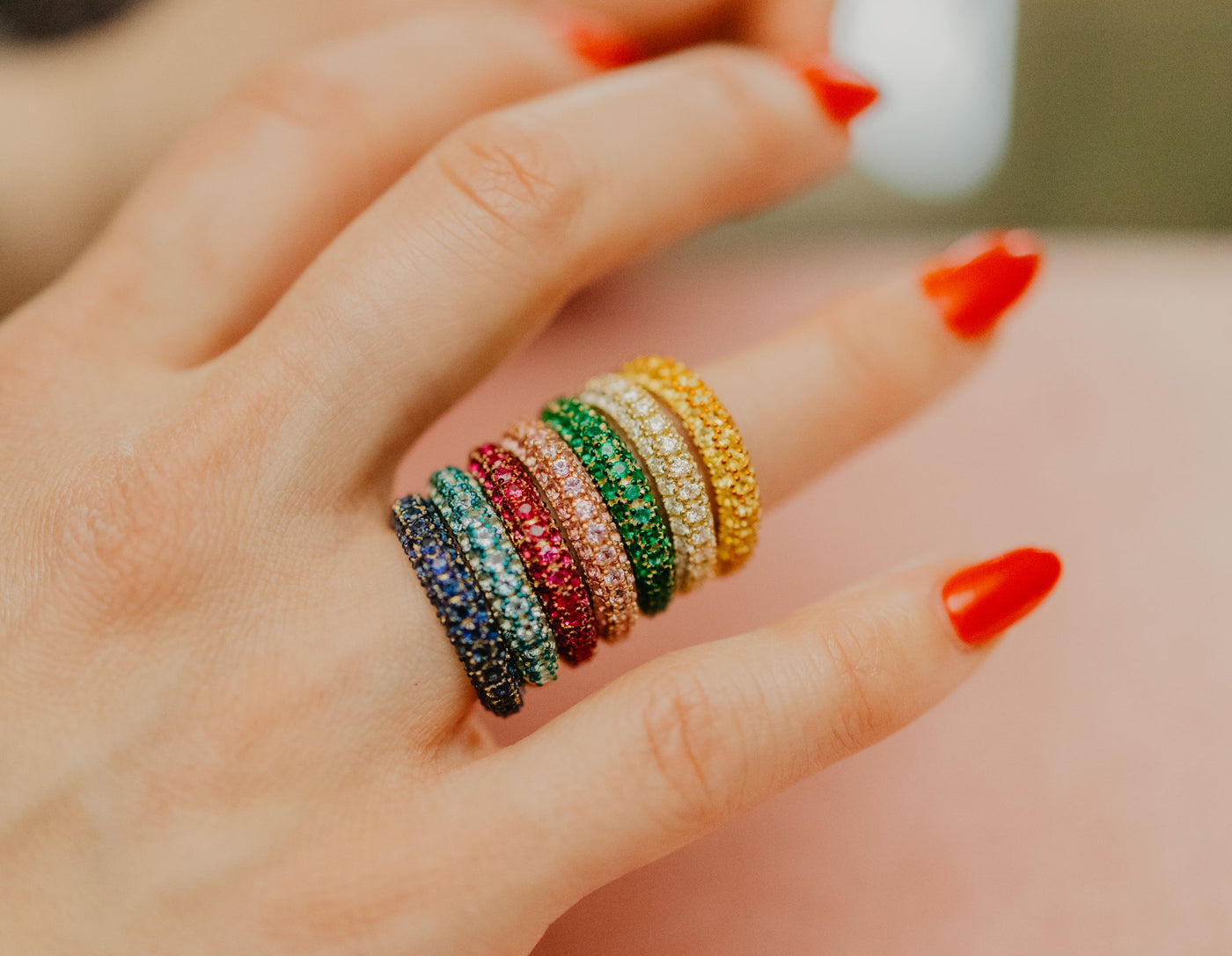 Essential Diamond Bubble Ring and Essential Emerald Bubble Ring and Essential Sapphire Bubble Ring and Essential Ruby Bubble Ring and Essential Yellow Sapphire Bubble Ring and Essential Topaz Bubble Ring all together