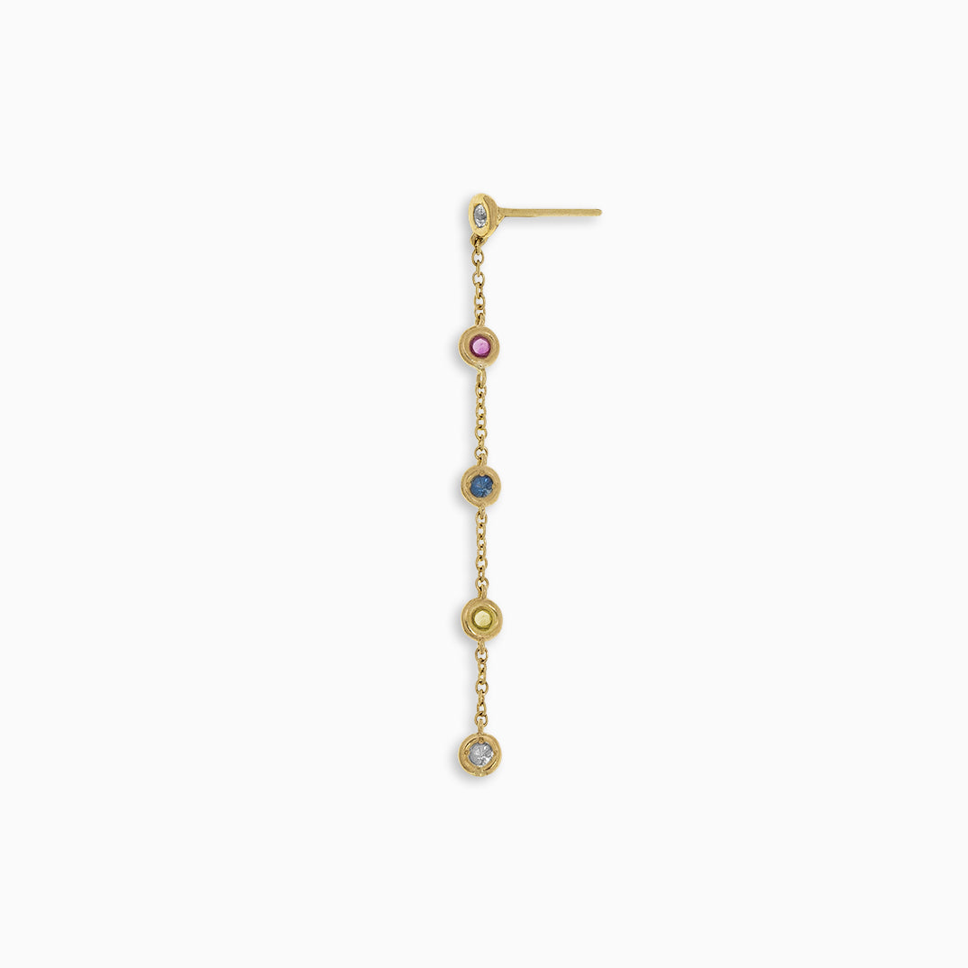 Essential Multigem Bezel Drop is an 18kt yellow gold earring with an emerald, sapphire, ruby, pink sapphire, topaz and citrine in bezel setting.