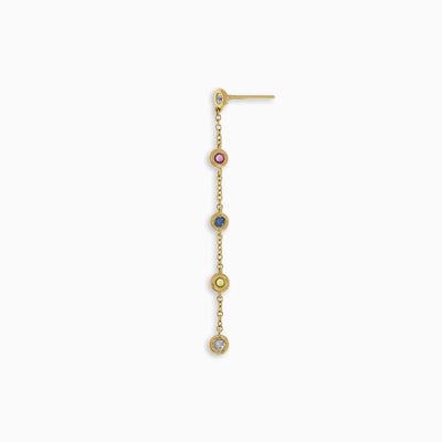 Essential Multigem Bezel Drop is an 18kt yellow gold earring with an emerald, sapphire, ruby, pink sapphire, topaz and citrine in bezel setting.