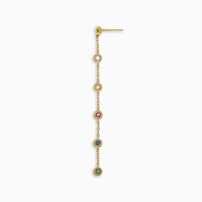 Essential Multigem Bezel Drop is an 18kt yellow gold earring with an emerald, sapphire, ruby, pink sapphire, topaz and citrine in bezel setting.