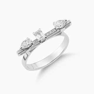 Dizzy Bliss Ring with moving pear shaped and emerald shaped diamonds in 18kt gold ring 