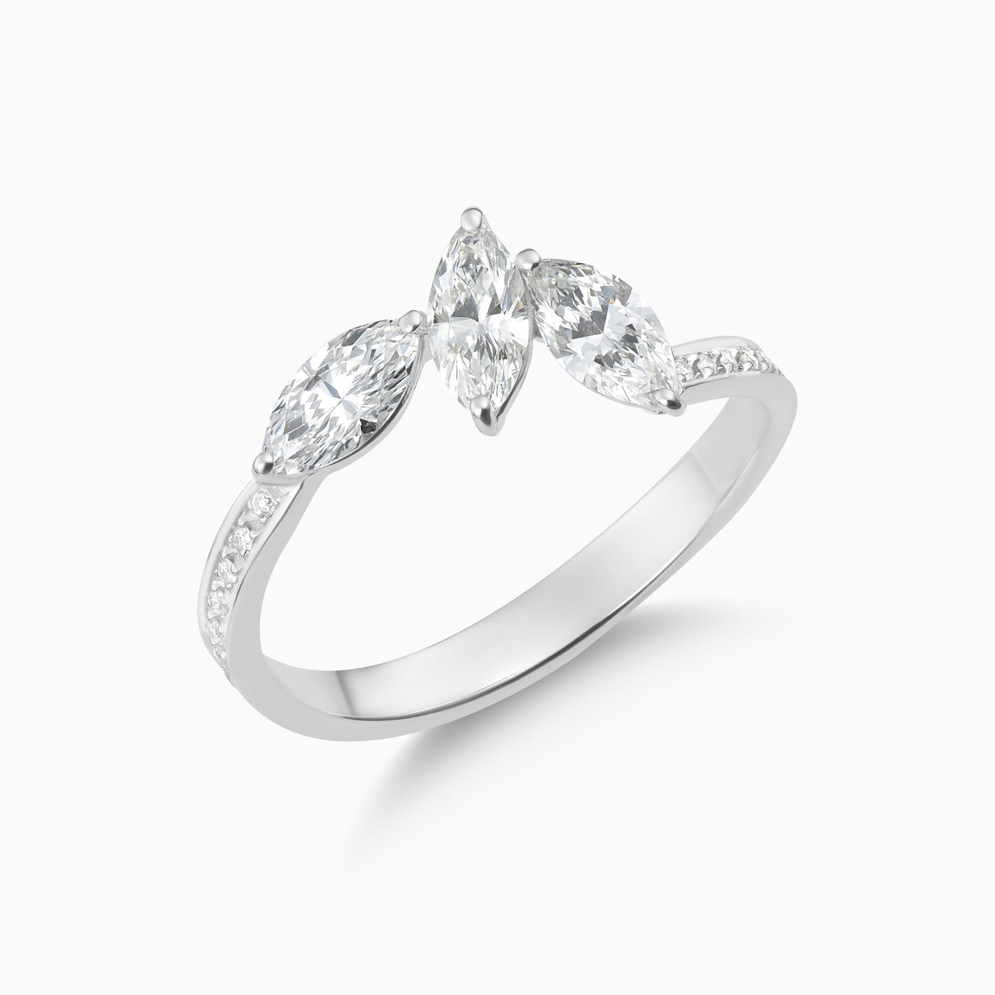 Dizzy Kiss ring is made in 18kt white gold featuring 3 marquise diamonds. 