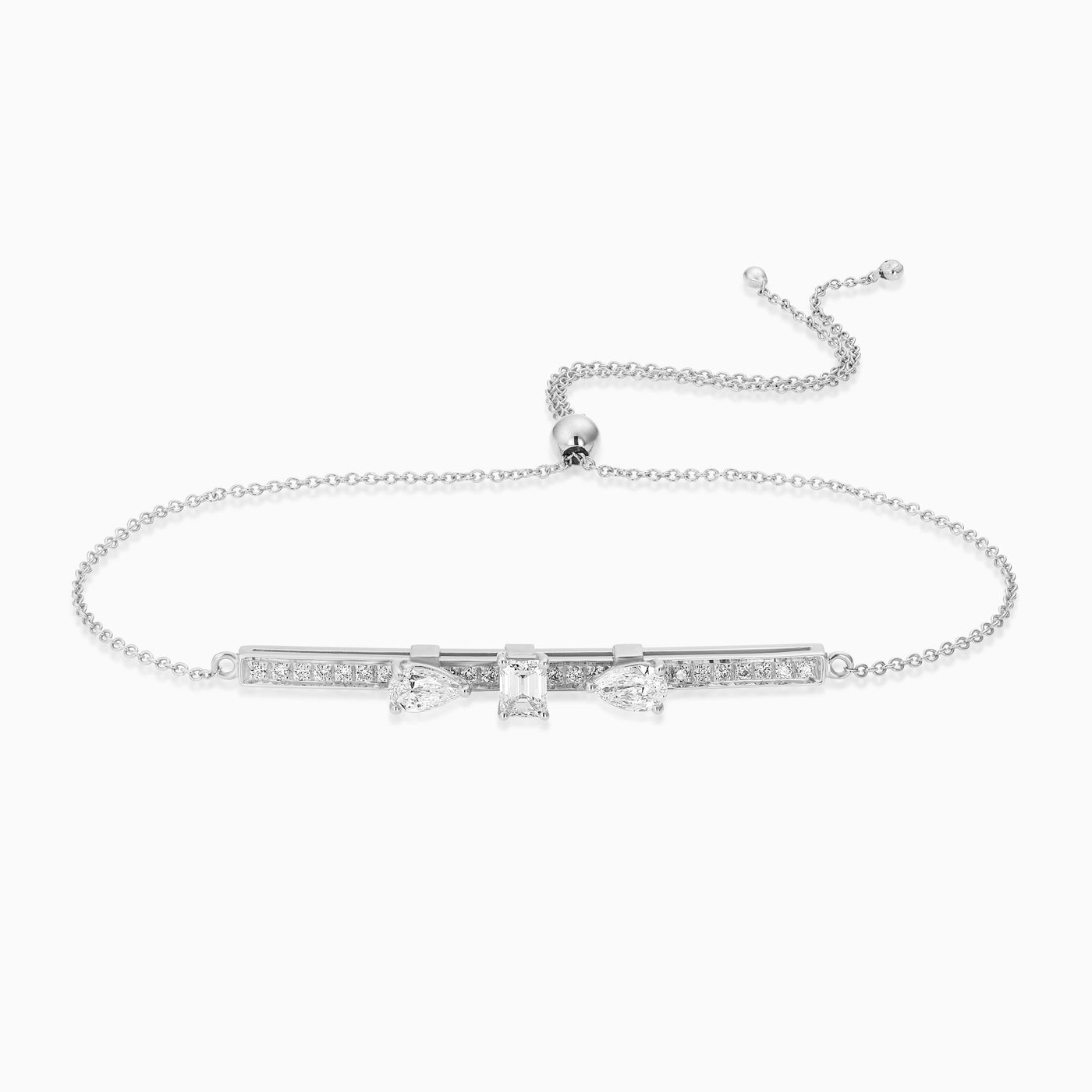 Dizzy Slide Bracelet is a bracelet with 3 diamonds sliding on a diamond line, made in 18kt white gold. 