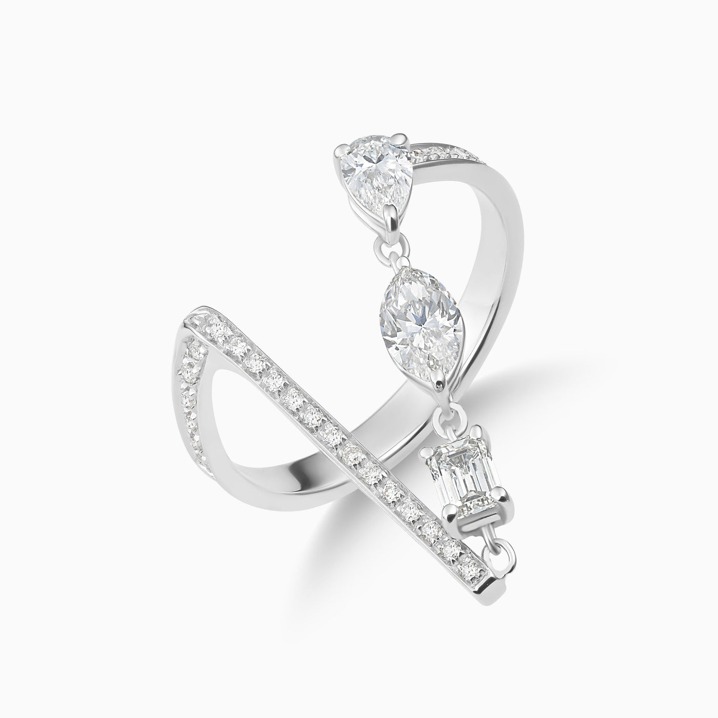 Dizzy Swing Ring is an 18kt white gold ring with diamonds 