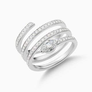 Dizzy Twirl Ring is made in 18kt white gold, it has a spiralling diamond line leading to a marquise diamond at the end. 