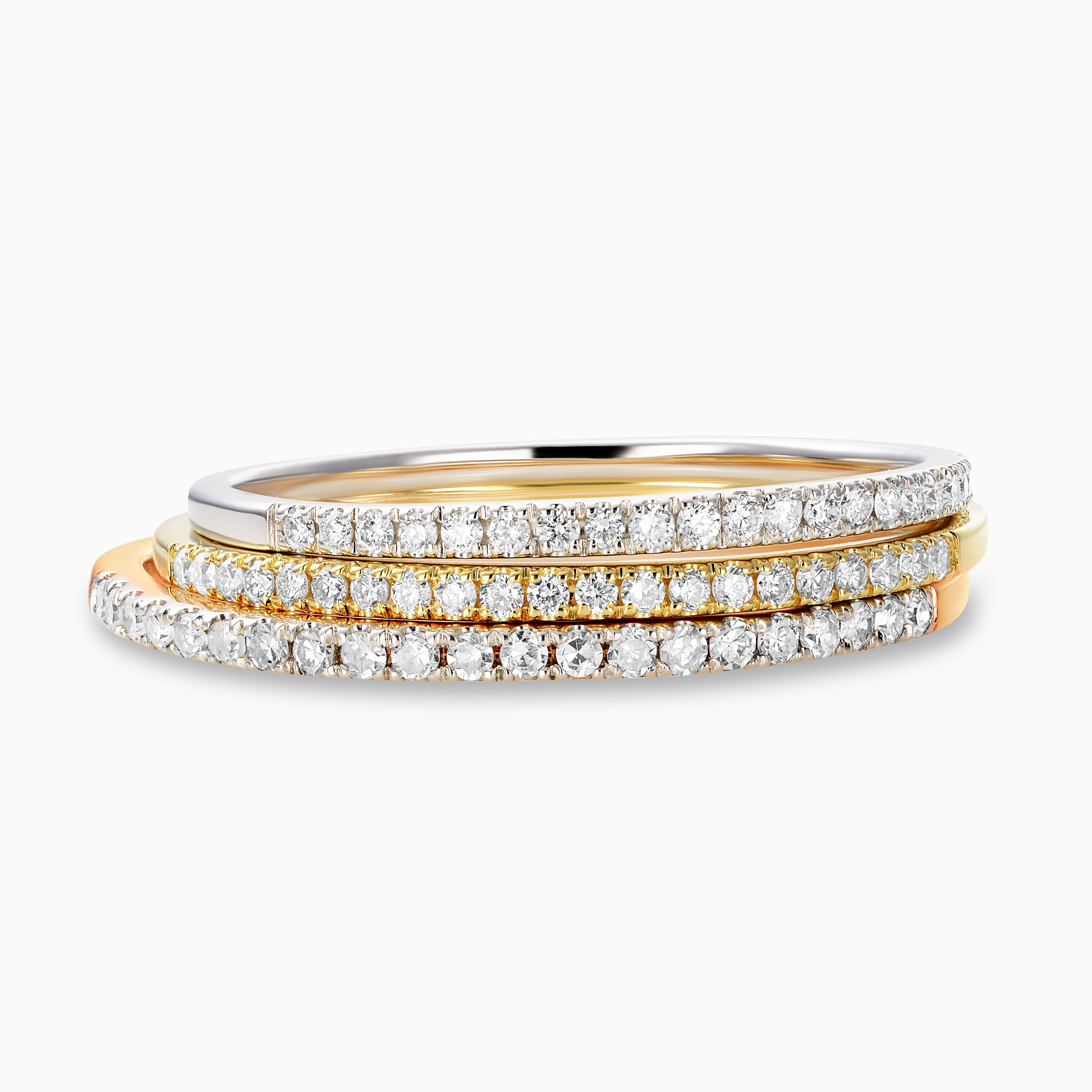 Essential Slim Diamond Band in 18 kt yellow gold, 18kt white gold and 18kt rose gold stacked together 