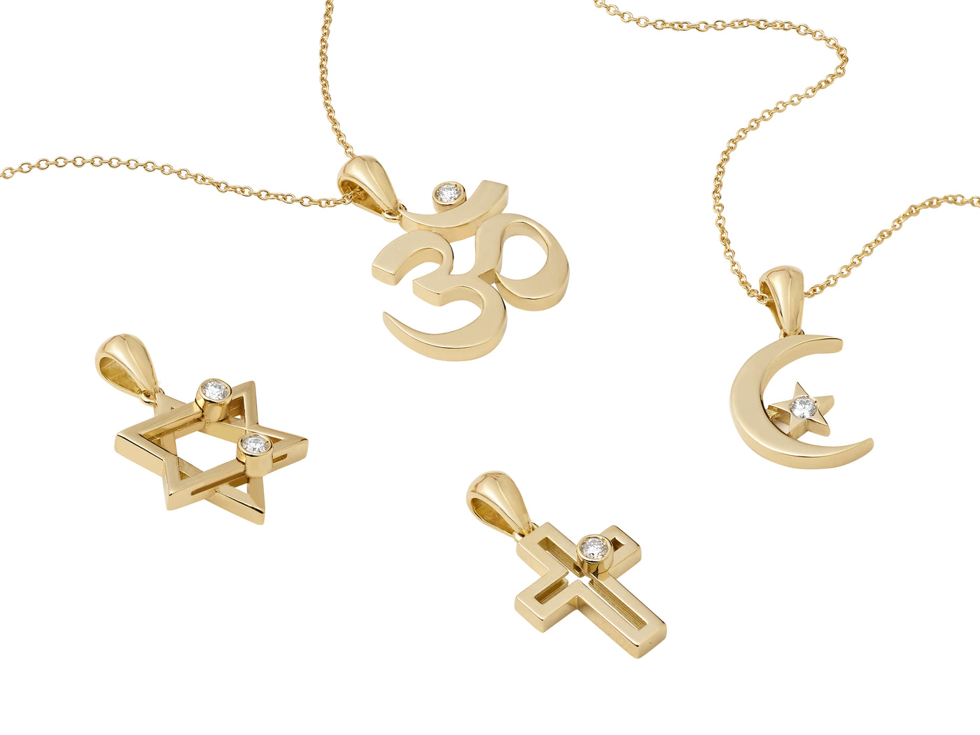 Joujou Crescent & Star Necklace and Joujou Star Necklace and Joujou Cross Necklace and Joujou Om Necklace, all in 18kt yellow gold. 